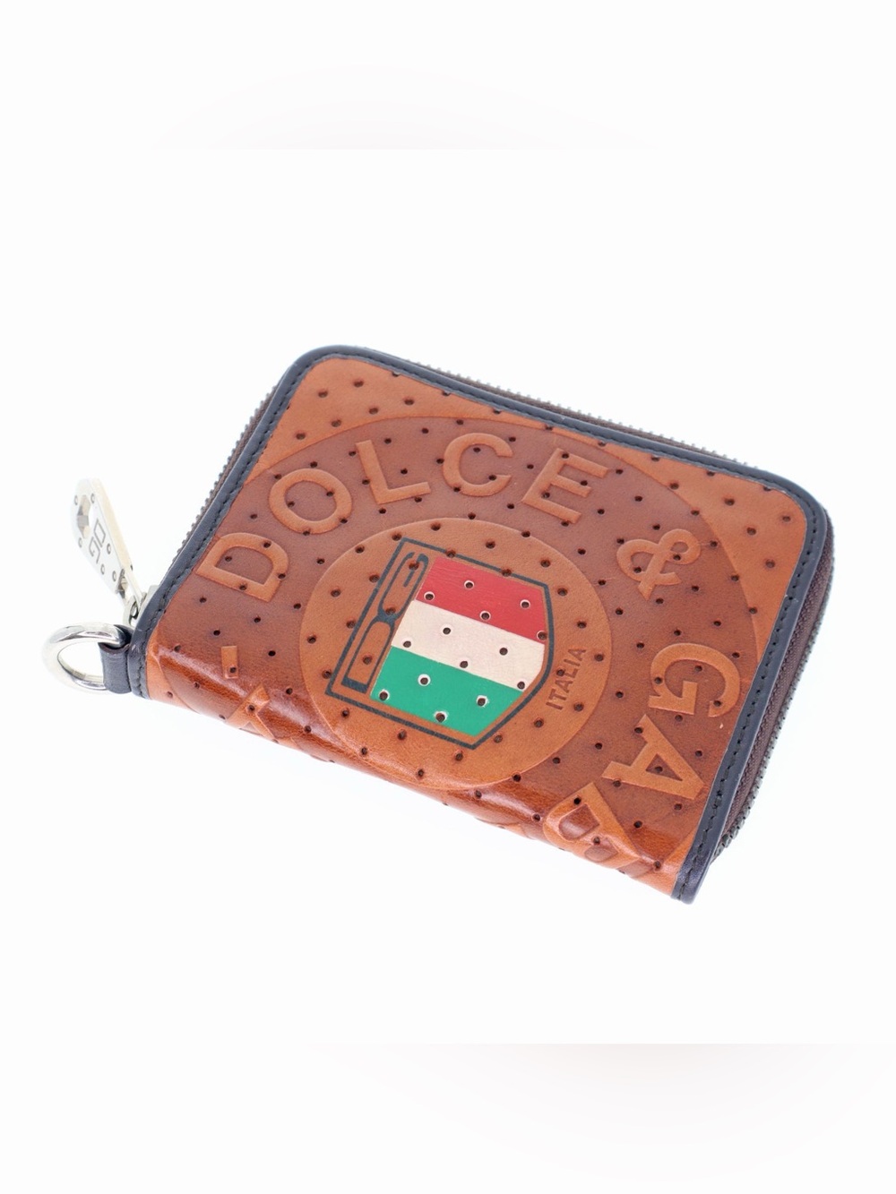 Dolce & Gabbana Tan Leather Zip Card Holder with Italian Flag Motif